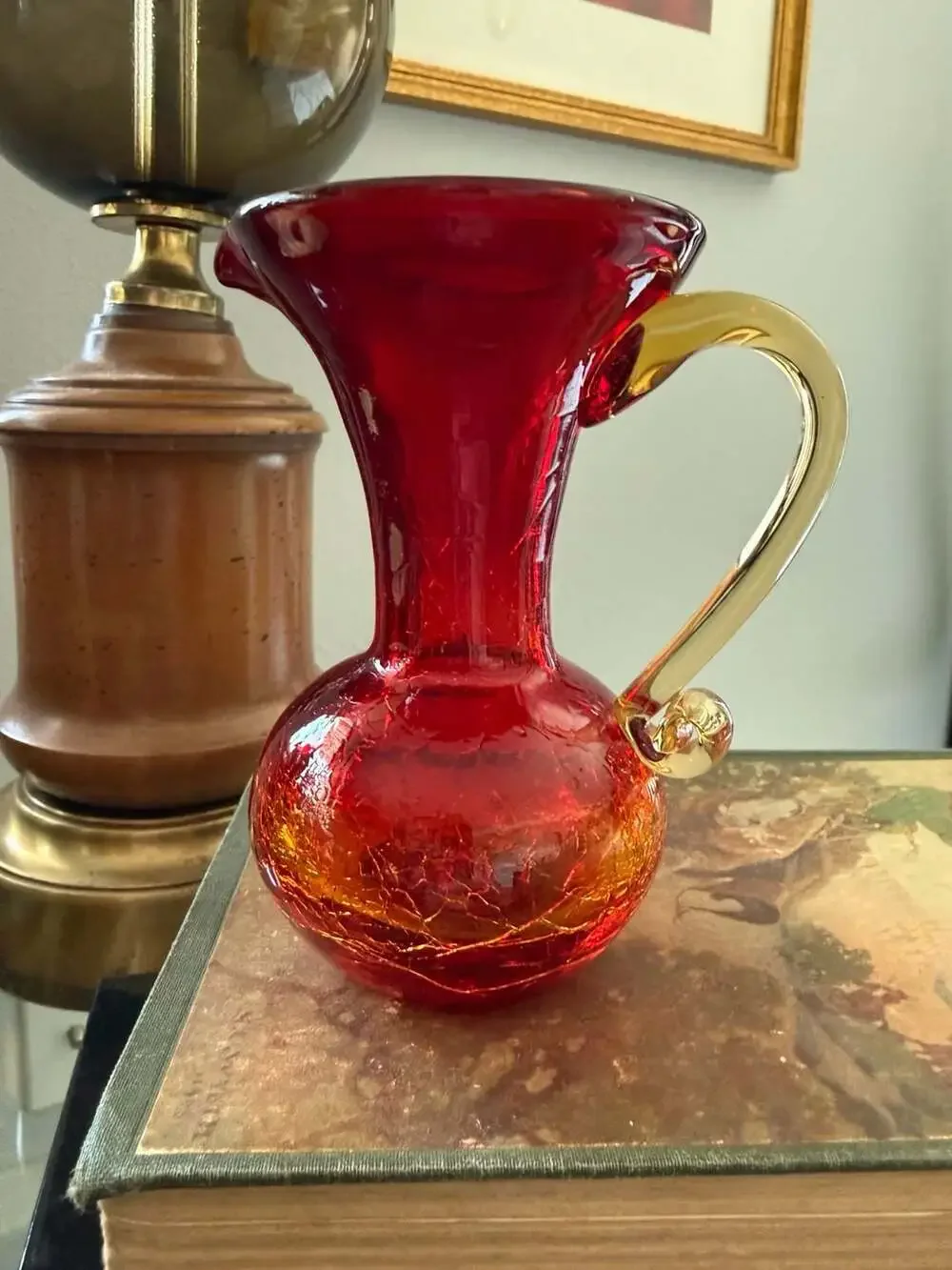 Vintage Hand Blown Amberina Crackle Glass Pitcher Red Yellow Handle Art Glass